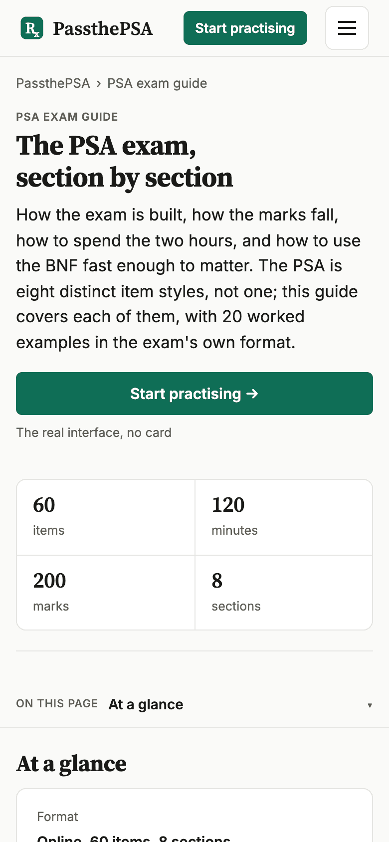 The PSA exam guide on a phone: 60 items, 120 minutes, 200 marks and 8 sections, with a Start practising button