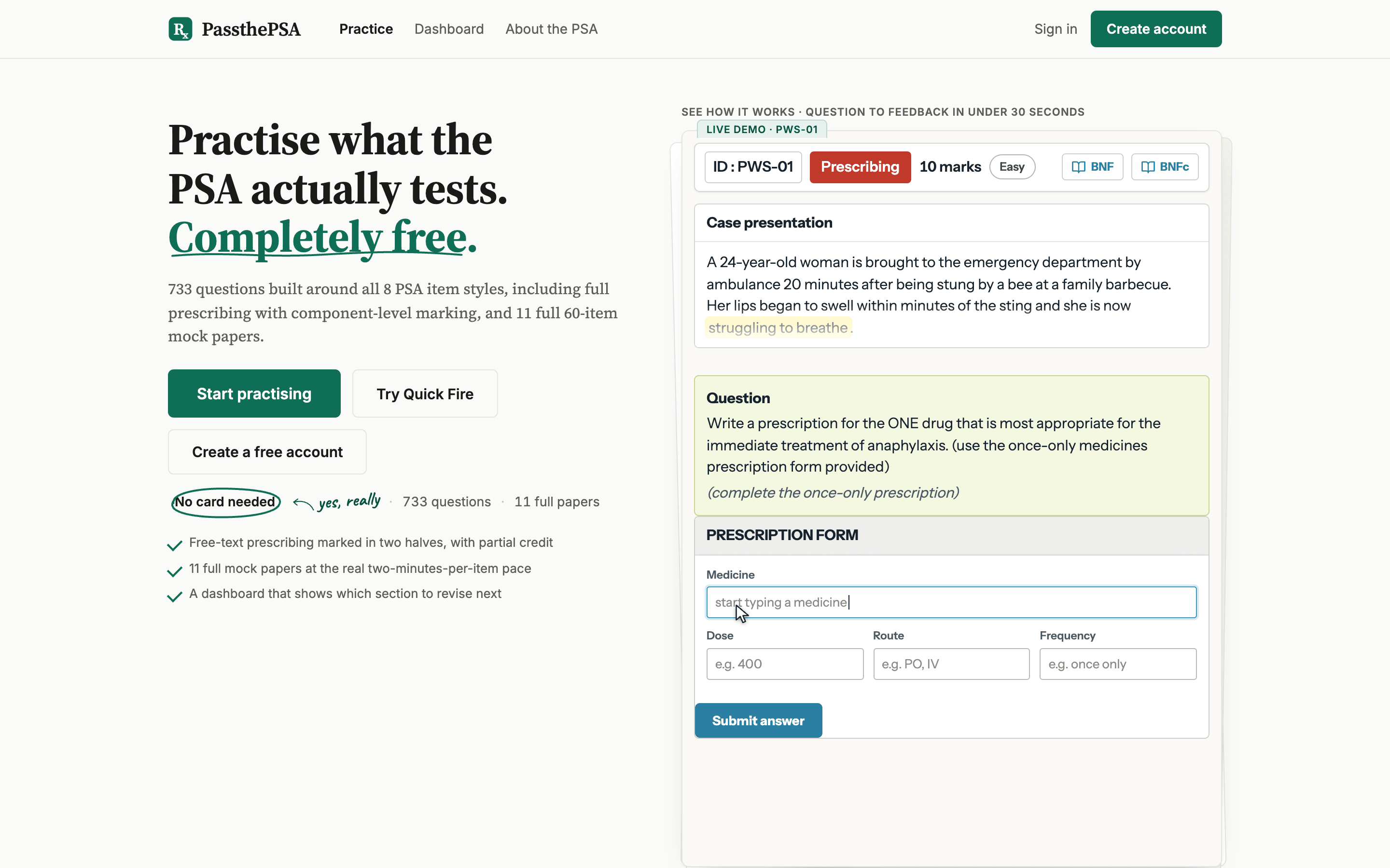 passthepsa.com: a live demo question, a prescribing item for anaphylaxis with the exam’s once-only prescription form for medicine, dose, route and frequency
