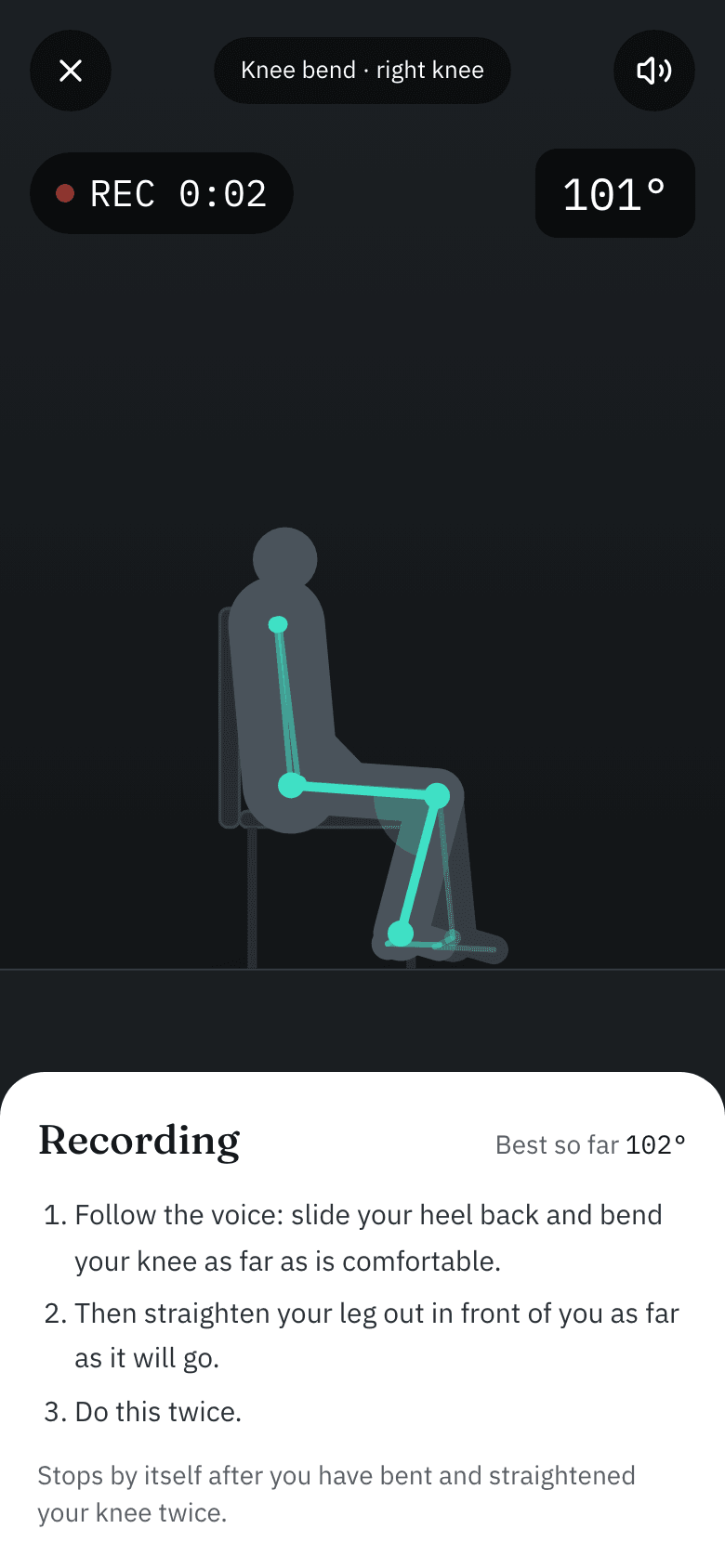 Knee bend check in progress on a simulated recording: a seated figure side-on with the tracked hip, knee and ankle drawn over it, the knee bent to around 100 degrees, and the best angle so far