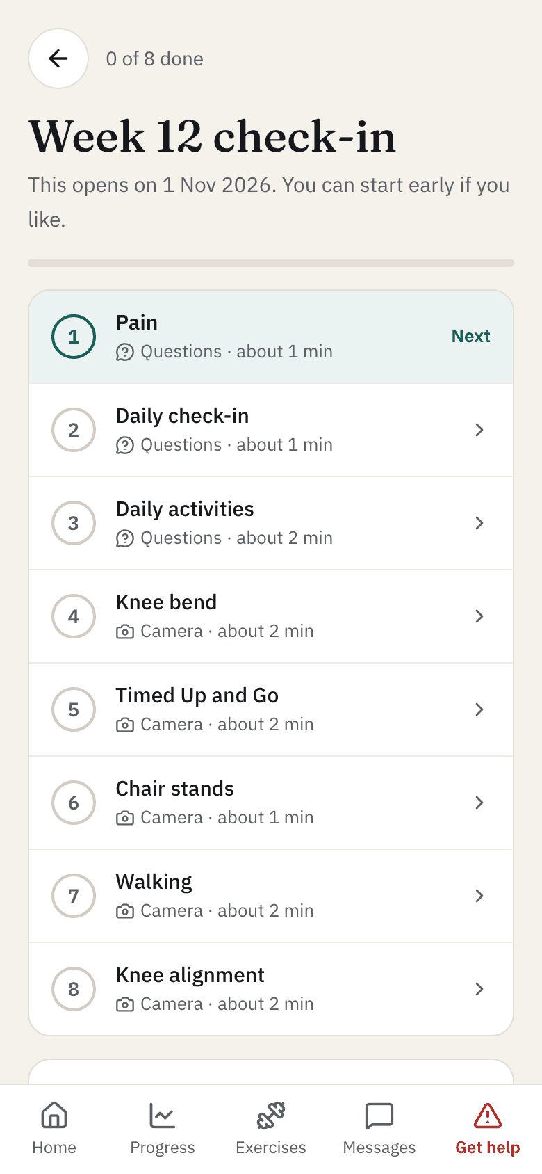 A check-in in the ROMI app: seven short steps, two questionnaires and five camera checks, each taking one or two minutes